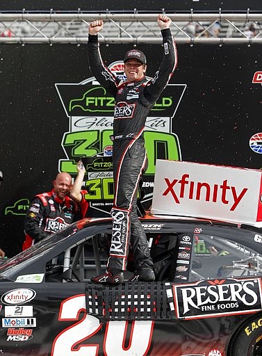 Driver Erik Jones celebrates in Victory Lane after winner the NASCAR Xfinity Series auto race on Saturday, April 22, 2017 in Bristol, Tenn.