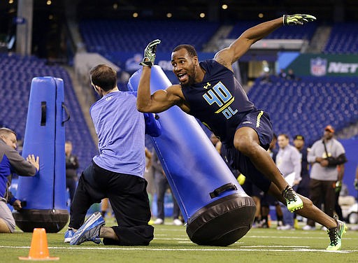 In this March 5, 2017, file photo, Temple's Haason Reddick runs a drill at the NFL football scouting combine in Indianapolis. A case can be made that no player in this NFL draft has benefited more from the process that follows the college football season than Reddick.