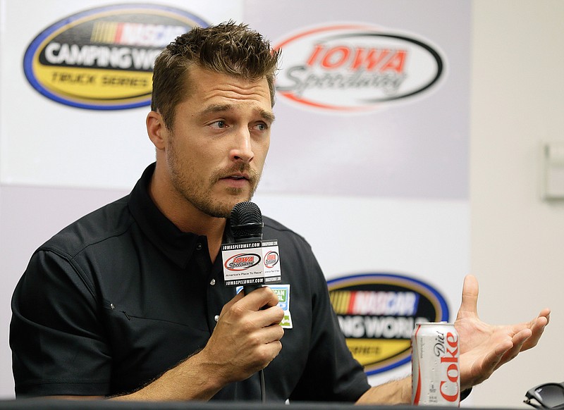 In this June 19, 2015, file photo, Iowa farmer Chris Soules, a former star of ABC's "The Bachelor," speaks during a news conference before a NASCAR event in Newton, Iowa. Soules was booked early Tuesday, April 25, 2017, after his arrest on a charge of leaving the scene of a fatal accident near Arlington, Iowa. Police said he fled the scene of a fatal traffic accident.