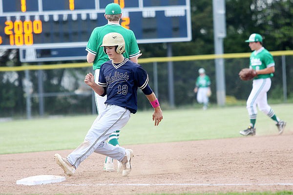 Trevor Austin of Helias advances to third base during the fourth inning of Tuesday's game against Blair Oaks at the American Legion Post 5 Sports Complex.