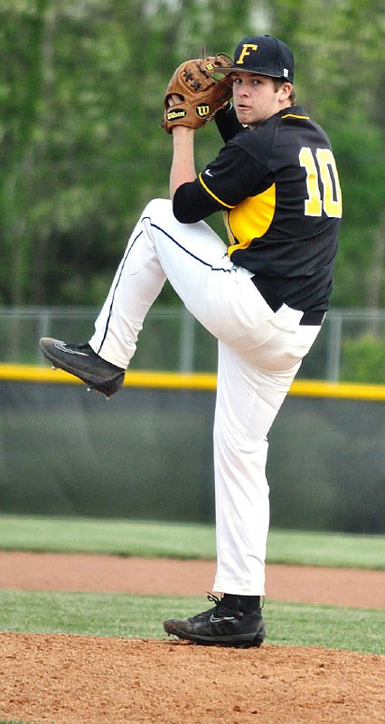 Fulton senior starter Devon Keltner delivers a pitch Tuesday, April 25, 2017 during an NCMC matchup against Moberly at the high school athletic complex. Keltner earned his first win of the season as the Hornets rallied past the Spartans 4-2.