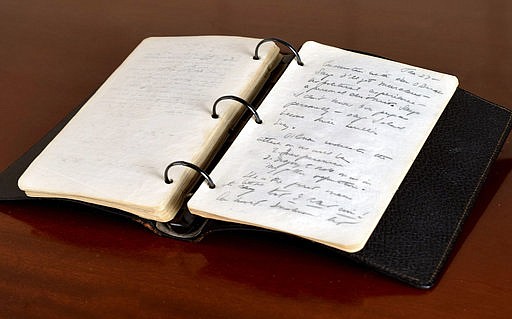  This undated file photo provided by RR Auction shows a portion of a diary written in 1945 by a young John F. Kennedy during his brief stint as a journalist after World War II. The diary, in which he reflected on Hitler and the weakness of the United Nations, sold for more than $700,000 Wednesday, April 26, 2017, according to the auction house. (Sarina Carlos/RR Auction via AP, File)