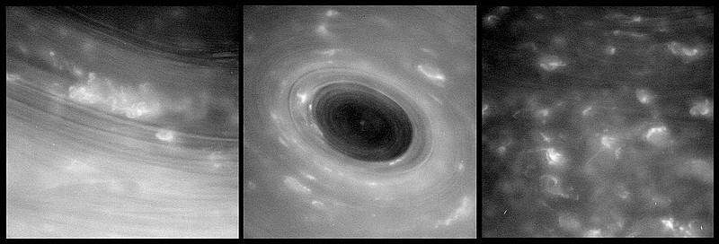 This combination of Wednesday images show features in Saturn's atmosphere from closer than ever before. The view was captured by NASA's Cassini spacecraft as it became the first spacecraft to venture between Saturn and its rings.