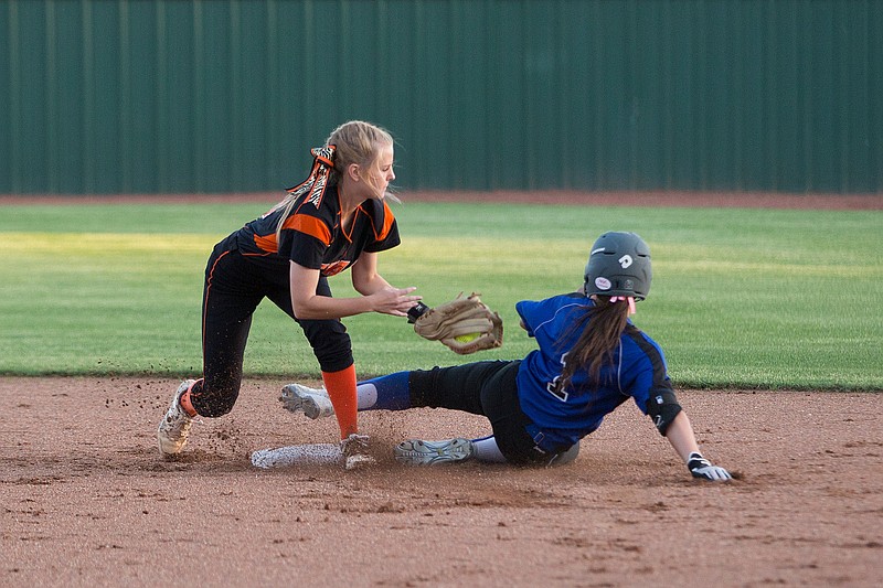 Texas High's Ashley Wyrick tags out North Forney's Logan Lowry at second in the third inning of Thursday evening's 5A bi-district game in Texarkana. 