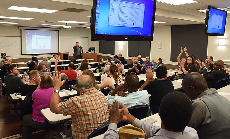 In this Aug. 25, 2016 file photo, Lincoln University faculty meet on campus in Martin Luther King Hall.