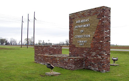  This March 25, 2017, file photo, shows a sign for the Department of Correction's Cummins Unit prison in Varner, Ark. 