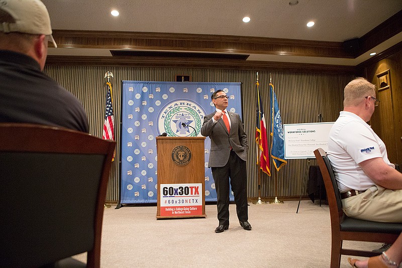 Julian Alvarez, Texas Workforce commissioner representing labor, speaks Friday about how the face of manufacturing is changing and how expanded workforce training is needed to fill the demand. Alvarez was in Texarkana to announce a $141,231 grant to Texas Workforce Solutions and Texarkana College for employee training in collaboration with McLarty Ford. 