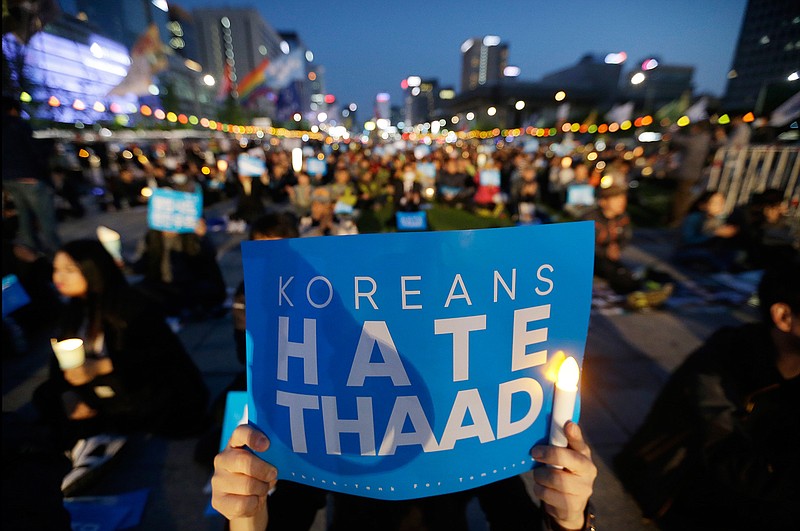 South Korean protesters stage a rally to oppose a plan to deploy the advanced U.S. missile defense system called Terminal High-Altitude Area Defense, or THAAD, near U.S. Embassy in Seoul, South Korea, Saturday, April 29, 2017. A North Korean mid-range ballistic missile apparently failed shortly after launch Saturday, South Korea and the United States said. 