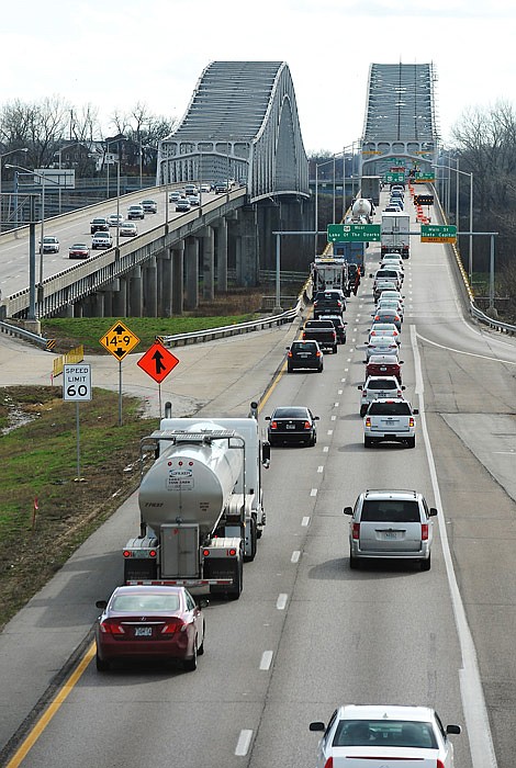 Westbound traffic on the Missouri River Bridge at Jefferson City was reduced to two lanes in May 2016 during off-peak travel times while workers prepared the bridge for repainting.