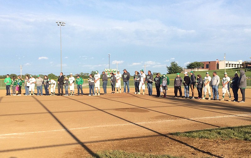 Blair Oaks honors nine senior baseball players after the Falcons' game against Osage on Thursday, May 4, 2017.