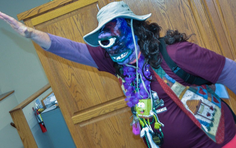 Jim Linville dons his Flying Purple People Eater costume to promote Relay for Life. Linville, a member of the Cooper County Relay for Life, came to Callaway County recently to draw attention to the effort by jogging around the courthouse.