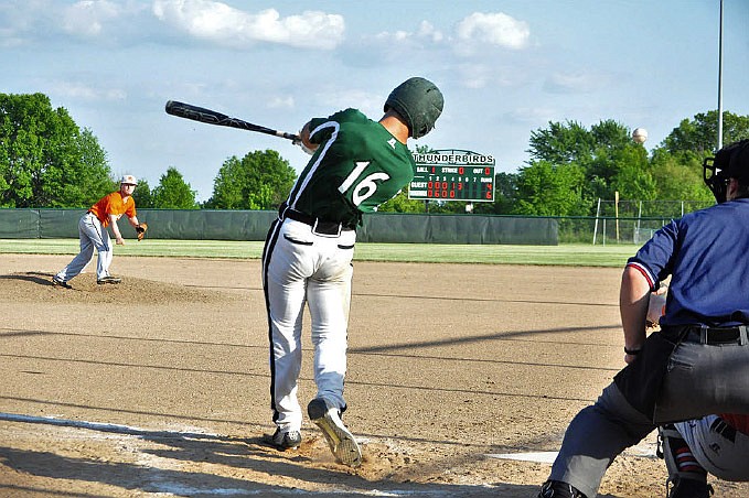 North Callaway senior right fielder Wyatt Branson fouls off a pitch in the bottom of the fifth inning in a matchup Tuesday, May 9, 2017 with the New Bloomfield Wildcats in Auxvasse, Mo. Branson delivered a three-run triple to spark a six-run outburst in the second to power North Callaway to an 8-6 win over New Bloomfield.