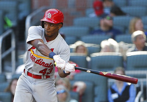 St. Louis Cardinals center fielder Magneuris Sierra (43) bats against the Atlanta Braves during a baseball game Sunday, May 7, 2017, in Atlanta. 