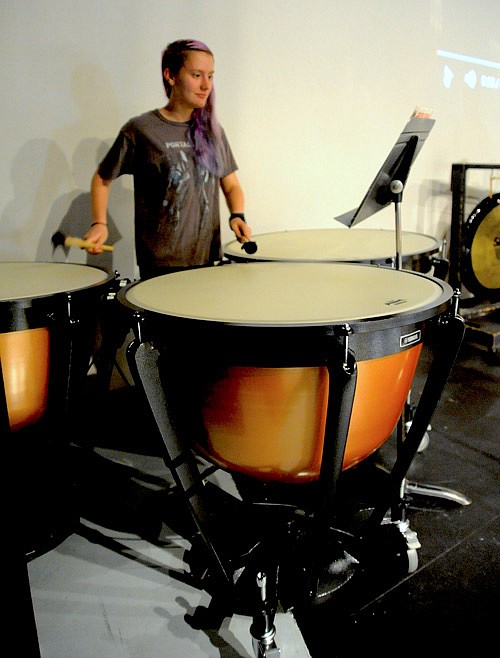 Sophomore Willow Hutton rehearses on the recently-donated timpani of the California High School band.