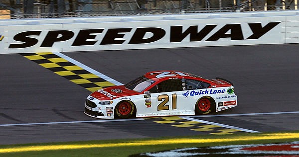 Ryan Blaney crosses the start/finish line during Friday's qualifying for the NASCAR Cup Series race at Kansas Speedway in Kansas City, Kan.