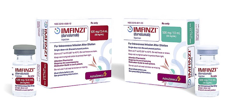 This image provided by AstraZeneca shows the company's drug Imfinzi, known chemically as durvalumab. On Monday, May 1, 2017, the Food and Drug Administration approved Imfinzi, part of the new generation of immuno-oncology drugs, which help the immune system to fight off cancer. The FDA also approved a companion diagnostic test for identifying which patients are most likely to benefit from the drug.