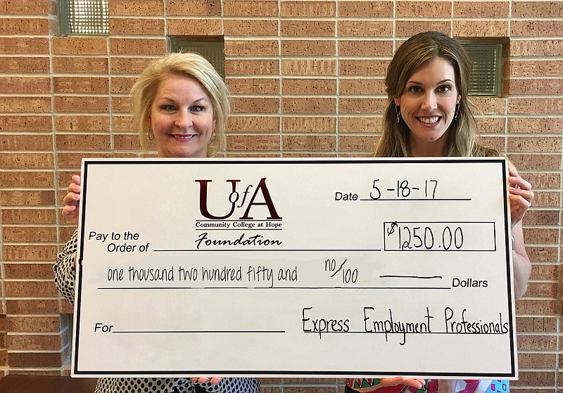 Penny Everett, Express Employment Professionals sales representative, presents a $1,250 donation in May 2017 to and Jill Bobo, executive director of the University of Arkansas at Hope-Texarkana Foundation. (Submitted photo)