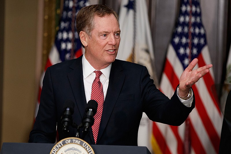 In this Monday, May 15, 2017, photo, U.S. Trade Representative Robert Lighthizer speaks in the Eisenhower Executive Office Building on the White House complex in Washington during his swearing-in ceremony. Lighthizer sent a letter to congressional leaders on Thursday, May 18, starting 90 days of consultations with lawmakers over how to revamp the North American Free Trade Agreement with Canada and Mexico. 