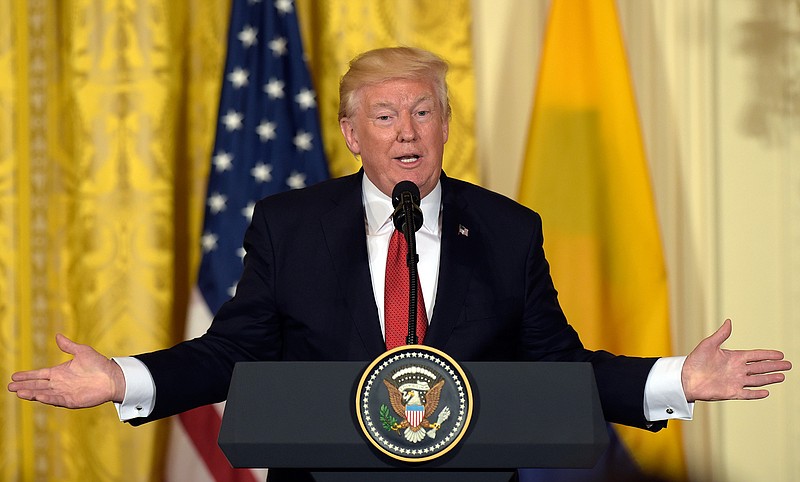 President Donald Trump speaks during a news conference with Colombian President Juan Manuel Santos in the East Room of the White House in Washington, Thursday, May 18, 2017.
