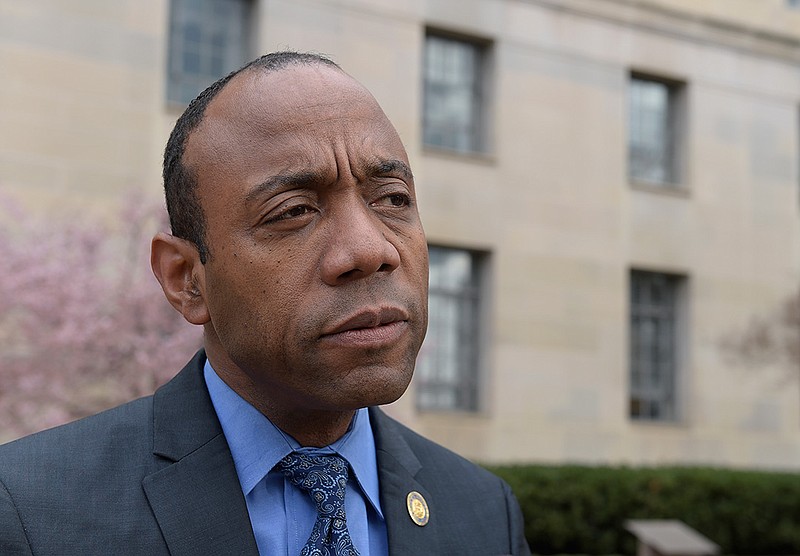 In this photo taken March 3, 2017, NAACP President Cornell William Brooks speaks outside the Justice Department in Washington. Sources tell The Associated Press that Brooks will not be returning as the civil rights organization's leader when his contract expires this summer.