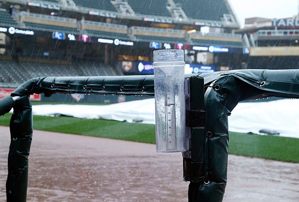 Moisture collects in a rain gauge at Target Field as rain forced the postponement of a Saturday afternoon's game between the Twins and the Royals in Minneapolis. The game will be made up in a doubleheader Sunday.