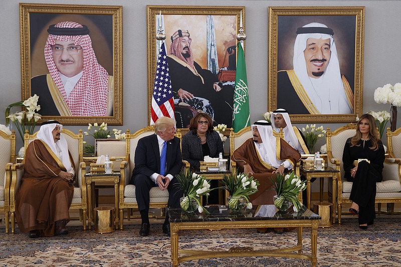 President Donald Trump meets with Saudi King Salman after a welcome ceremony at the Royal Terminal of King Khalid International Airport on Saturday, May 20, 2017, in Riyadh.