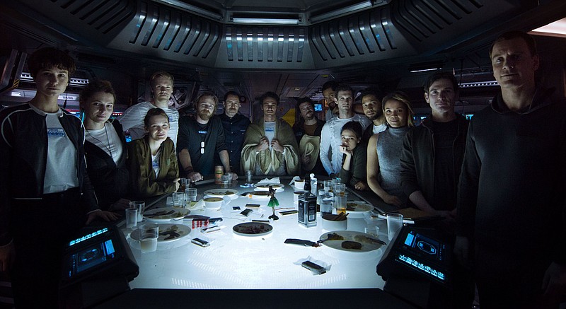 This image released by 20th Century Fox shows, castmembers, from left, Katherine Waterston, Amy Seimetz, Tess Haubrich, Alexander England, Nathaniel Dean, Demin Bichir, James Franco,  Danny McBride, Uli Latukefu, Benjamin Rigby, Jussie Smollett, Callie Hernandez, Jussie Smollett, Carmen Ejogo, Billy Crudup and Michael Fassbender from the film, "Alien: Covenant," in theaters on Friday, May 19.