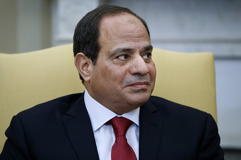 In this Monday, April 3, 2017, file photo, Egyptian President Abdel-Fattah El-Sissi listens during a meeting with President Donald Trump in the Oval Office of the White House in Washington. Egypt's president answers complaints and woes on TV in a savvy form of political theater, putting himself before the public in a way none of his predecessors ever did.