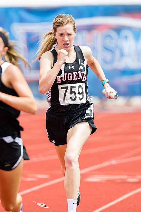 Lexi Dickerson of Eugene runs a leg in the Class 2 girls 4x400-meter relay Saturday, May 20, 2017 at Adkins Stadium in Jefferson City.