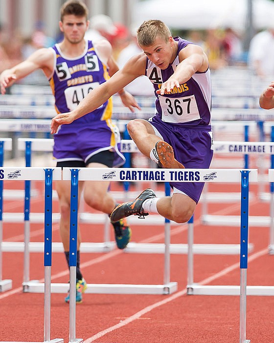 Lucas Kuhn of Chamois eyes the final obstacle in the Class 1 boys 110-meter hurdles Saturday, May 20, 2017 at Adkins Stadium in Jefferson City.