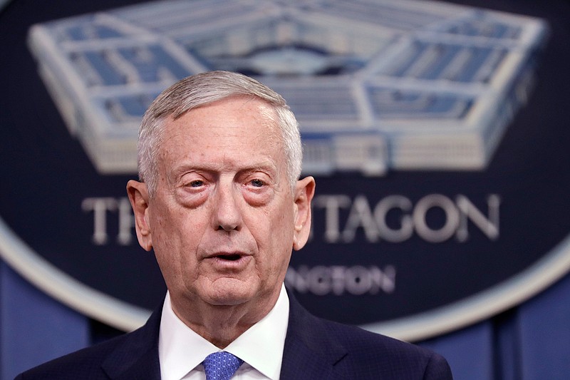 Defense Secretary Jim Mattis speaks at the Pentagon, Friday, May 19, 2017, to give an update on the Islamic State group. The U.S. is looking ahead toward a decisive battleground in its bid to destroy the Islamic State group, even as U.S.-backed local forces must still finish the fight for the extremists' two main strongholds in Iraq and Syria. 