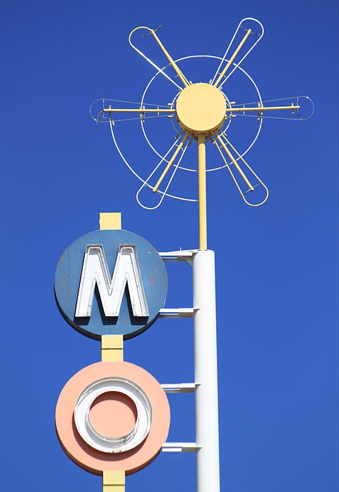 This is one of the neon signs that has been refurbished along Route 66 in Albuquerque. University of New Mexico associate dean and architecture professor Mark Childs pointed to the detail of this motel sign as a classic example of the midcentury designs used by the sign makers and business owners to attract customers.