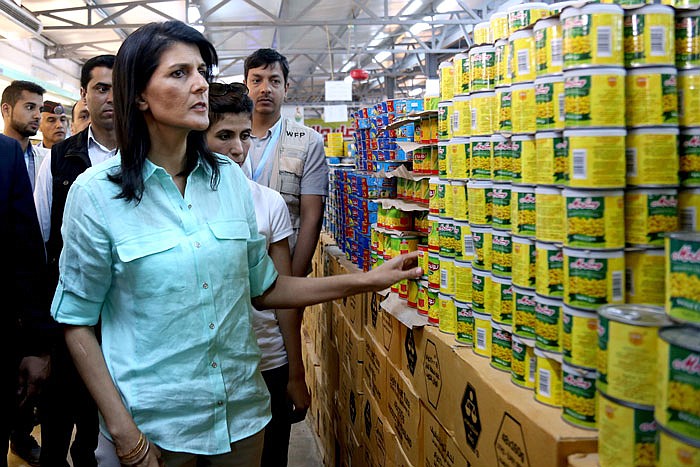 U.S. Ambassador to the United Nations Nikki Haley tours a supermarket during a visit to the Zaatari Refugee Camp in Jordan.