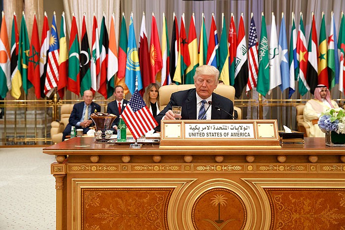 President Donald Trump delivers a speech Sunday to the Arab Islamic American Summit, at the King Abdulaziz Conference Center in Riyadh, Saudi Arabia.