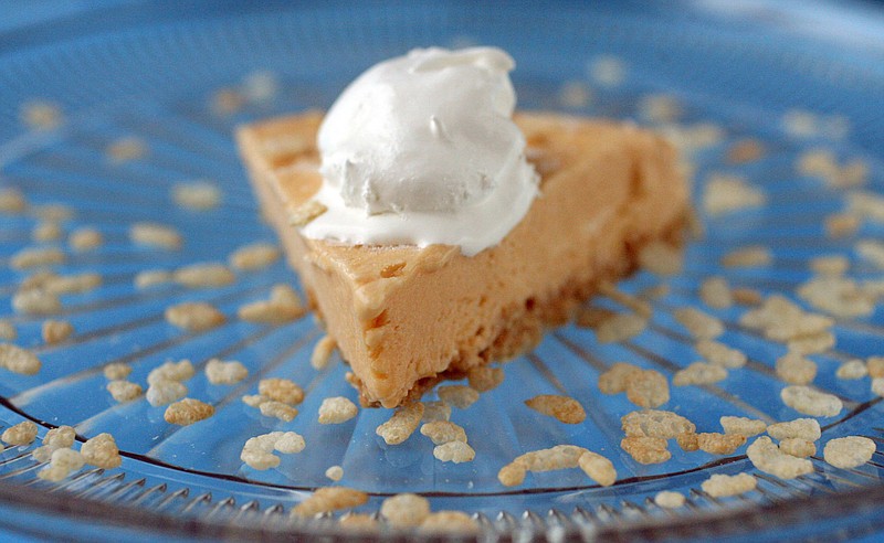 Crispy Peanut Butterscotch Pie, with fat-free, sugar-free, instant pudding mix, sugar-free (or fat-free) frozen whipped dessert topping and just one tablespoon of honey for six servings.