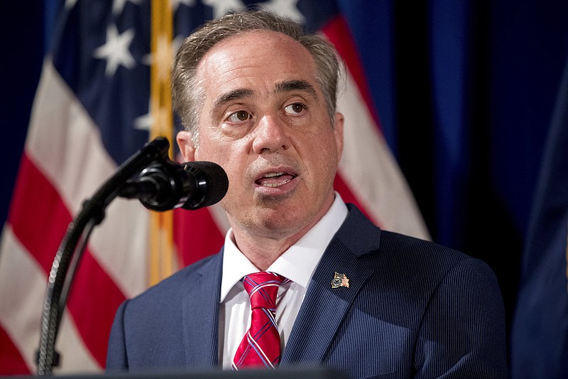 In this April 27, 2017, photo, Veterans Affairs Secretary David Shulkin speaks at the Department of Veterans Affairs in Washington. 