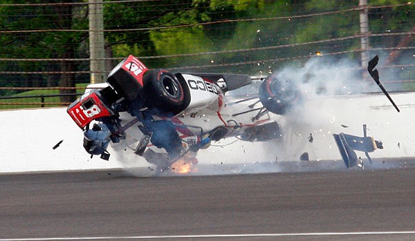The car driven by Sebastien Bourdais impacts the wall in the second turn during qualifying last Saturday for the Indy 500 at Indianapolis Motor Speedway in Indianapolis. Bourdais fractured his pelvis and hip in the crash.