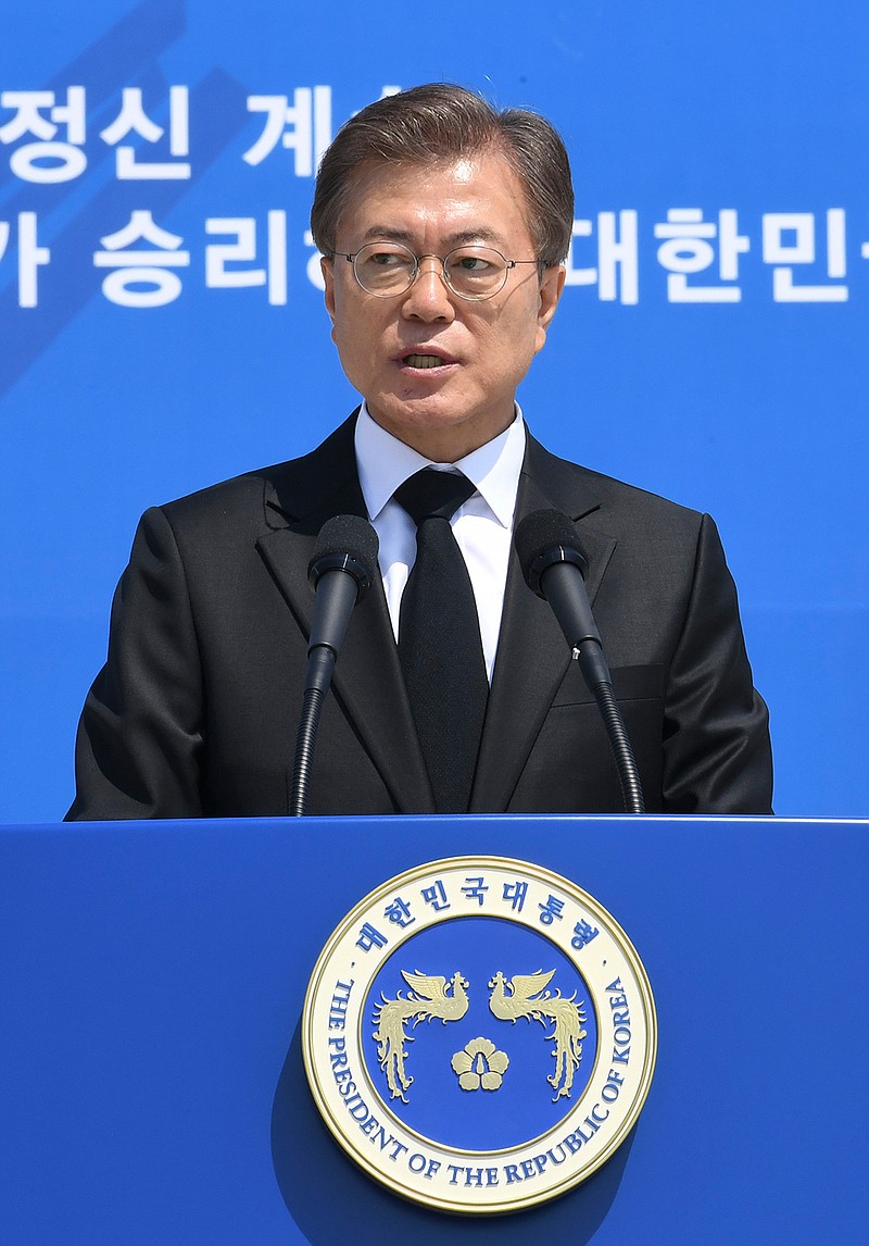 South Korean President Moon Jae-in, speaks during the 37th annual May 18 Democratic Uprising memorial at the Gwangju National Cemetery in Gwangju, South Korea, Thursday, May 18, 2017. The cemetery honors hundreds of citizens who were killed in the city during their protests against the military junta of Chun Doo-hwan in May 1980. 