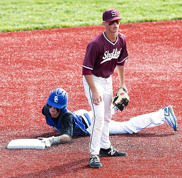 South Callaway sophomore third baseman Drake Davidson slides safely into second base in the bottom of the
first inning of the Bulldogs' Class 3 quarterfinal against Strafford on Wednesday night, May 24, 2017 in Mokane. Davidson's fly ball to right field was misplayed, allowing three runs to score, as second-ranked South Callaway went on to defeat Strafford 8-1 and will return to the Class 3 final four for the second straight year.