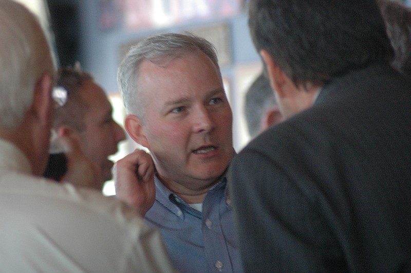Arkansas Lt. Gov. Tim Griffin chats with attendees Thursday during a meeting of the Greater Texarkana Young Professionala at Hopkins Icehouse in downtown Texarkana. 
