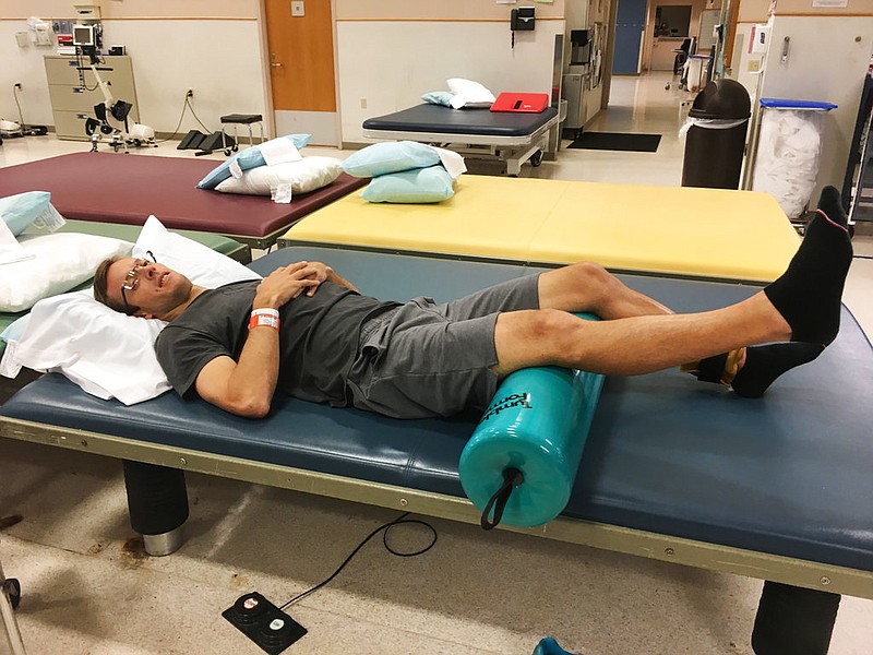 IndyCar driver Sebastien Bourdais does physical therapy Saturday, May 27, 2017, at the Rehabilitation Hospital of Indiana in Indianapolis. Bourdais broke his pelvis, hip and two ribs in an accident during qualifying for the Indianapolis 500 on May 20.