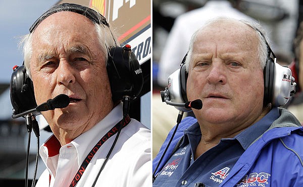 At left, in a May 16 file photo, car owner Roger Penske watches during a practice session for the Indy 500 at Indianapolis Motor Speedway in Indianapolis. At right, in a May 16, 2010, file photo, car owner and four-time Indy 500 champion A.J. Foyt watches during the second day of practice for the Indy 500.