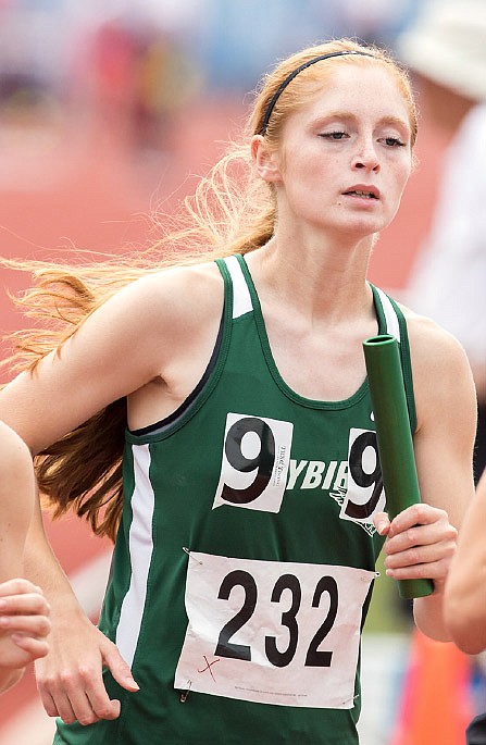 North Callaway junior Kyla Bertschinger runs a leg of the girls' 3,200-meter relay Friday at the Class 3 state track and field championships at Jefferson City High School's Adkins Stadium. Bertschinger teamed with senior Jaclyn McMurtry, junior Reyna Schmauch and freshman Daelyn Schmauch to medal with a fourth-place time of 10:04.32.