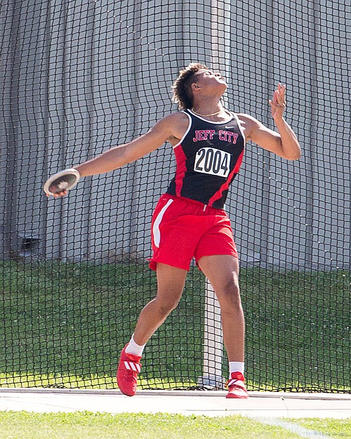 
Devin Roberson of Jefferson City prepares to release the discus during the Class 5 boys competition Saturday, May 27, 2017 in the state track and field championships at Adkins Stadium.