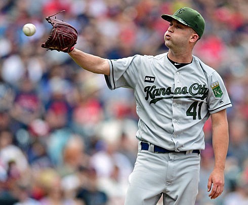 Royals starting pitcher Danny Duffy reacts after his pitch was called a ball in the fourth inning of Sunday's game against the Indians in Cleveland.