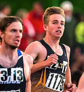 Fulton junior Mason Gaines (right) finished
11th in the boys' 3,200 meters in a school-record
9:38.40 at the Class 4 state track and
field championships Saturday night at Jefferson
City High School's Adkins Stadium.