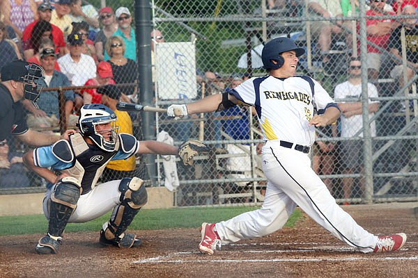 Hunter Swift of the Jefferson City Renegades follows through on a swing during the June 2, 2017 game against the Sedalia Bombers at Vivion Field.
