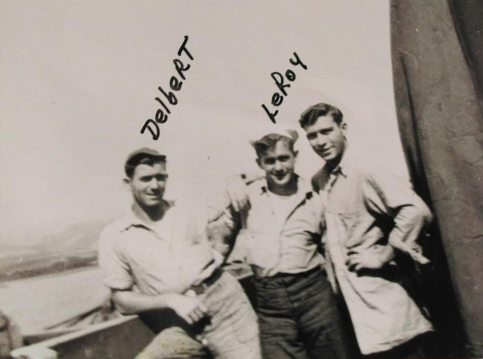 Louis "Leroy" Poire's brother, Delbert, was able to get him assigned to his ship, the USS PGM-32, while they were stationed at Pearl Harbor in early 1946. The brothers are pictured aboard the ship in 1946 with an unidentified sailor.