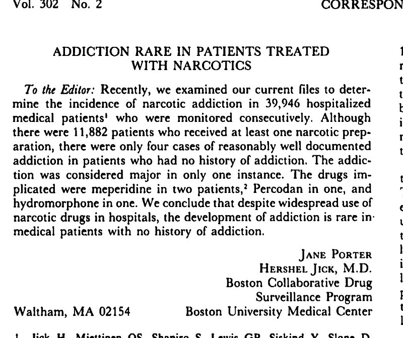 This image provided by the The New England Journal of Medicine shows a letter to the editor written by Dr. Jane Porter that was published in the January 1980 edition of the journal. A report released Wednesday, May 31, 2017 traces how this short letter in a medical journal in 1980 helped sow the seeds of today's opioid epidemic by helping to convince doctors that these powerful painkillers carried less risk of addiction than they actually do. 