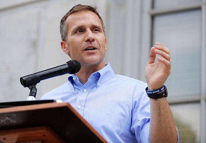  In this May 23, 2017, file photo, Missouri Gov. Eric Greitens speaks to supporters during a rally outside the state Capitol in Jefferson City, Mo. Greitens announced Wednesday, June 7 he's calling another special session starting Monday to address a St. Louis ordinance against discrimination based on abortions and pregnancies. Greitens has criticized the ordinance.